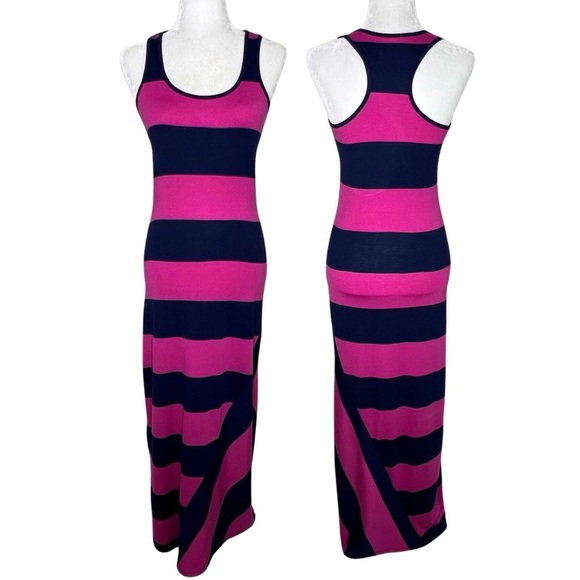 6 degrees Maxi Dress Stretchy Striped Racerback Fuchsia Hot Pink Navy Blue XS - Picture 1 of 11